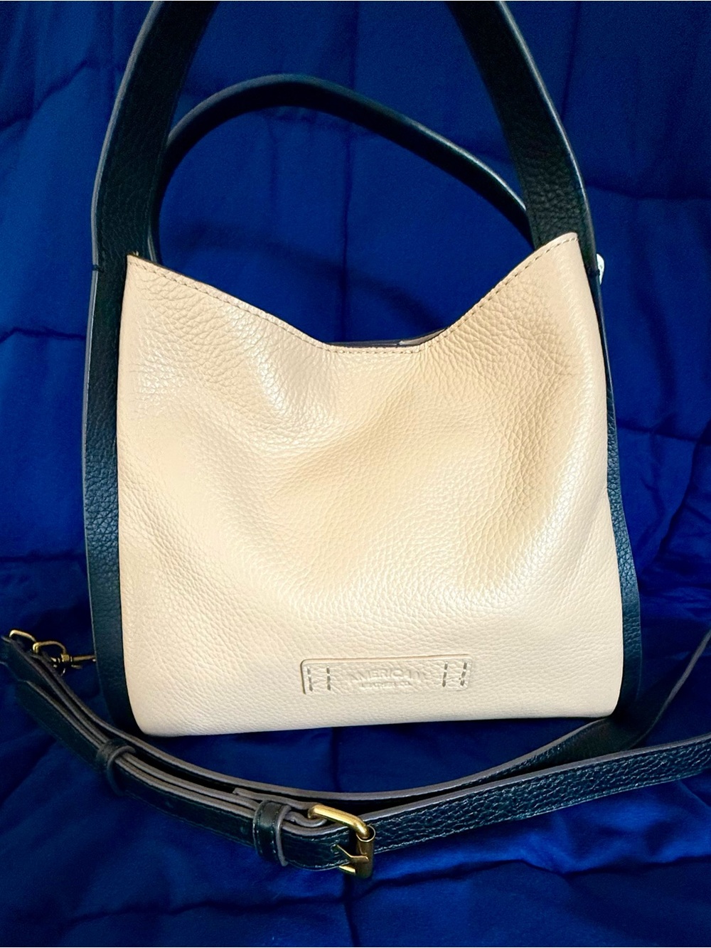 Cream and Black Pebbled Leather Shoulder Bag with Adjustable Strap